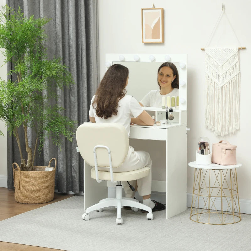 Vinsetto Cream PU Leather Vanity Office Chair - Adjustable Height, Armless Design, Swivel Wheels for Home & Office Use