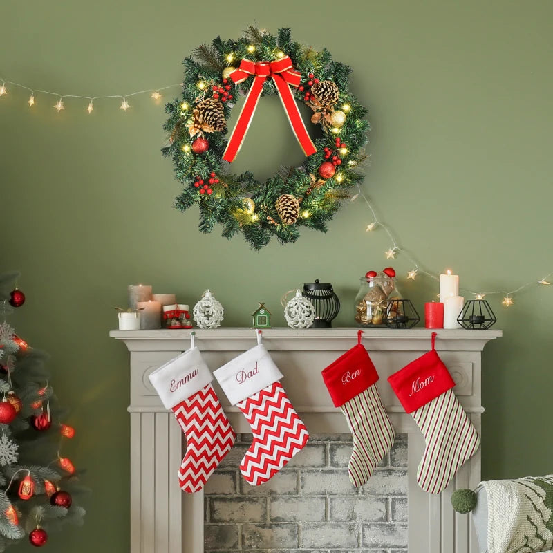 60cm Pre-Lit Artificial Christmas Wreath with Holly, Pine Cones & LED Lights - Glittered Indoor/Outdoor Holiday Decor
