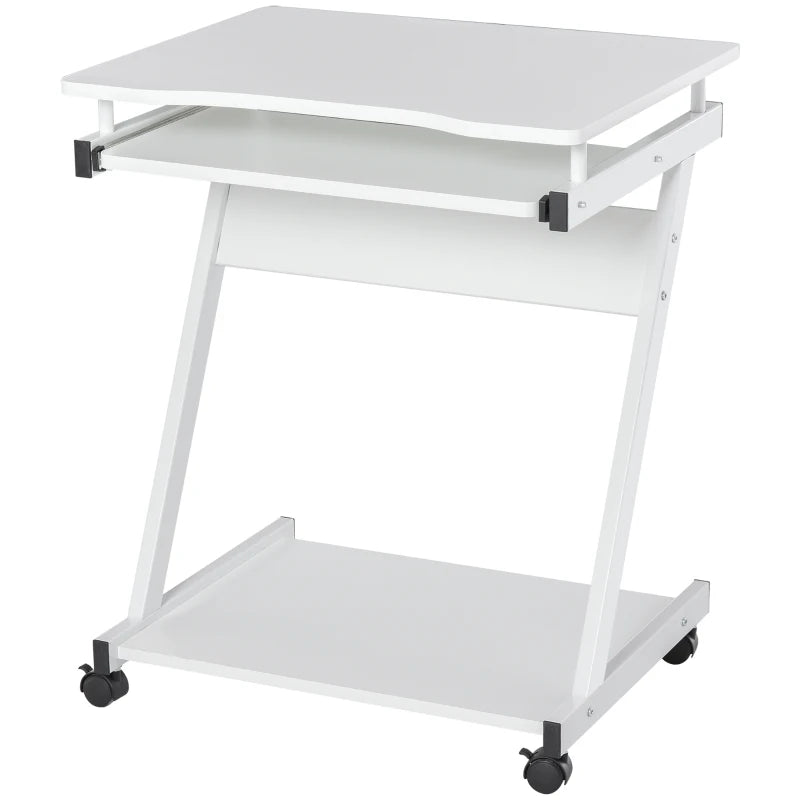 Movable White Computer Desk with 4 Wheels & Sliding Keyboard Tray - Ideal Home Office Workstation
