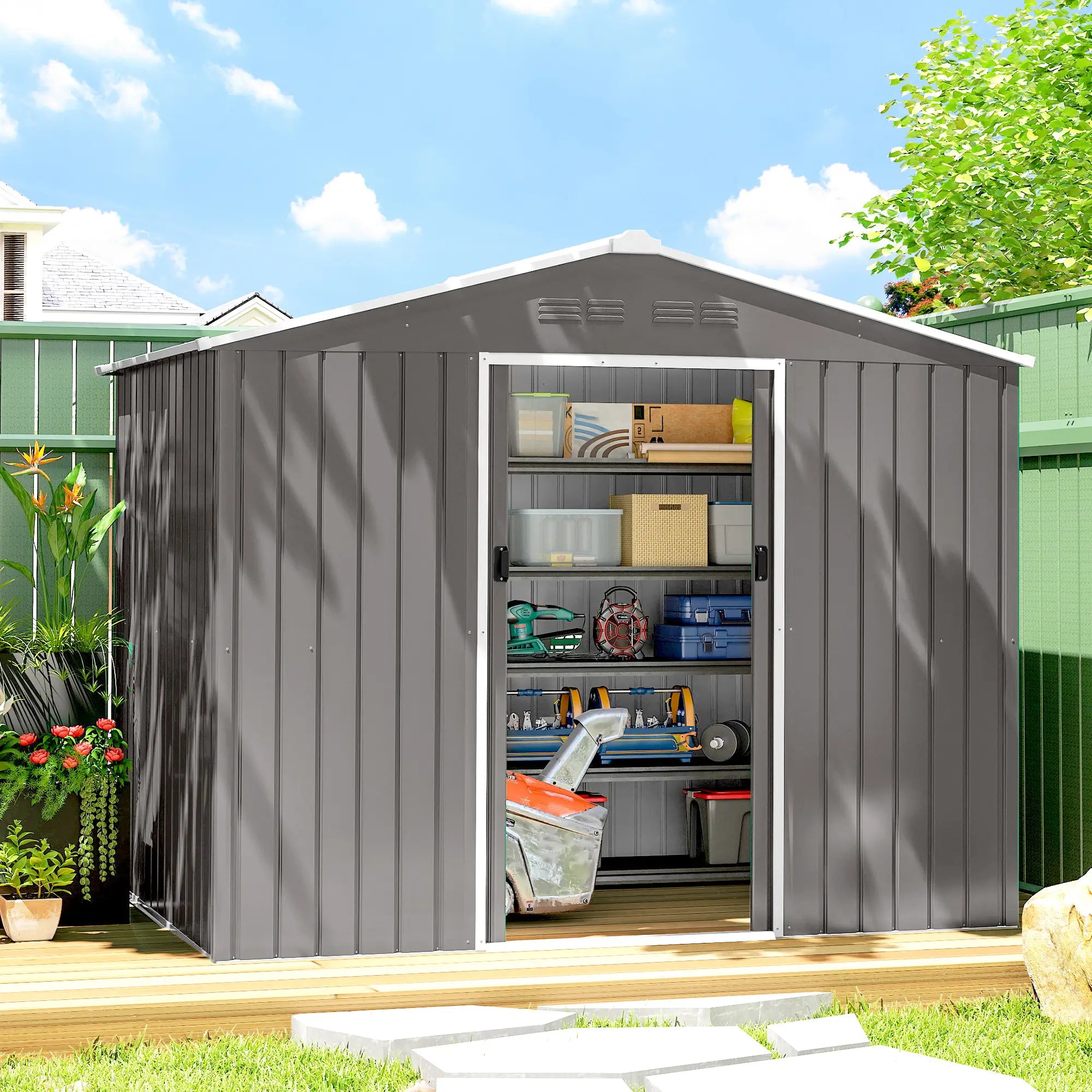 8 x 6ft Galvanised Steel Garden Shed with Lockable Double Sliding Doors – Large Outdoor Metal Storage, Ventilated, Weather & Rust Resistant, Light Grey