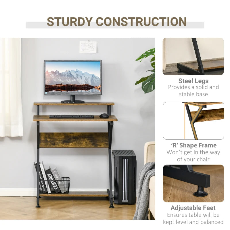 Industrial Computer Desk with Monitor Stand - 70x60cm Compact Home Office Desk for Small Spaces - Rustic Brown Finish