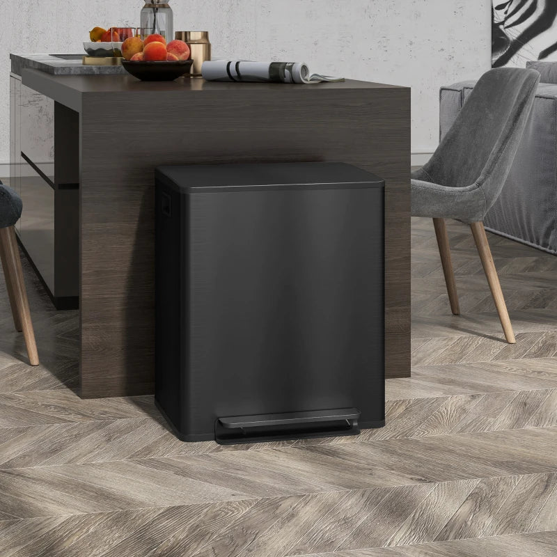 50L Dual Compartment Stainless Steel Bin with Deodoriser Holders - Stylish Black Trash Can for Home & Kitchen