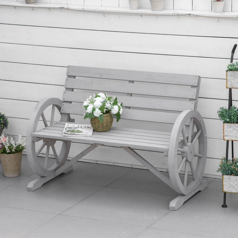 Grey Wooden Garden Bench with Wagon Wheel Design