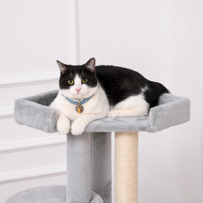 Multi-Level Cat Tree for Indoor Cats - Plush Kitten Tower with Scratching Post, Condo, and Hanging Ropes - Grey Pet Furniture