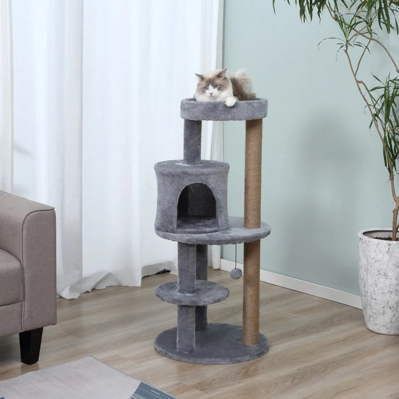 104 cm Grey Cat Tree Condo Tower - Activity Centre with Scratching Posts, Plush Perch & Hanging Ball for Cats