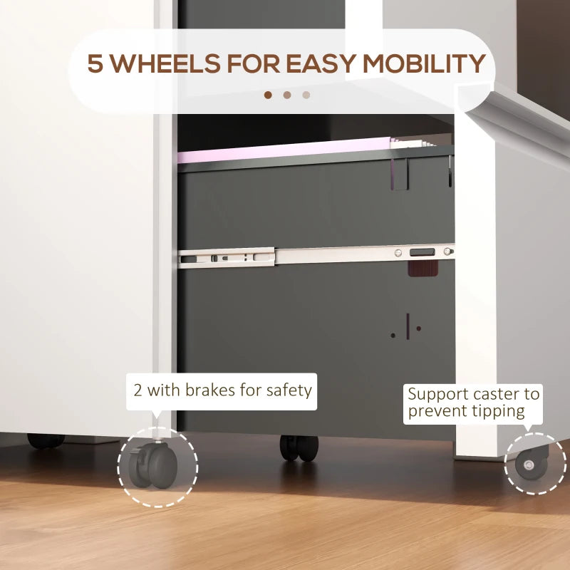 Vinsetto 2-Drawer Mobile Filing Cabinet - Lockable Steel File Storage for Letter, A4 & Legal Size - Pre-Assembled White