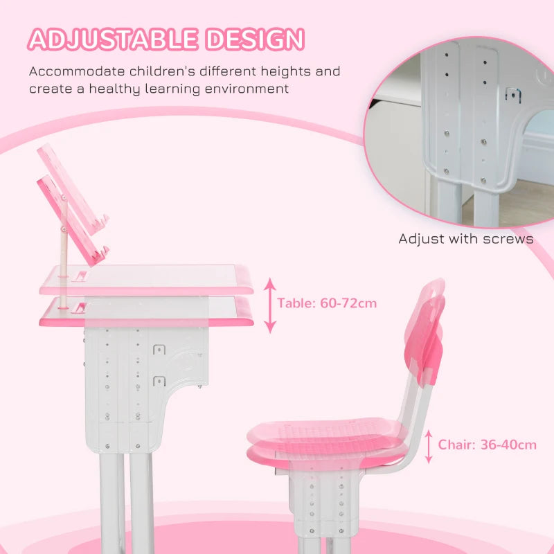 Kids Adjustable Desk and Chair Set with Book Stand and Pen Slot - Stylish Pink Study Furniture for Children