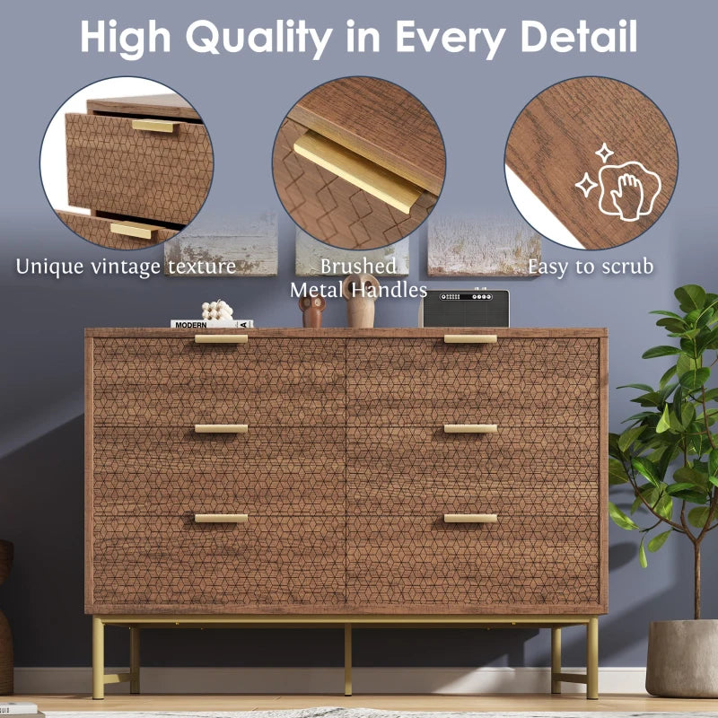 Embossed Wood Chest of Drawers - 6-Drawer Sideboard, Anti-Tip Design, Walnut Finish, 120x40x75 cm for Living Room