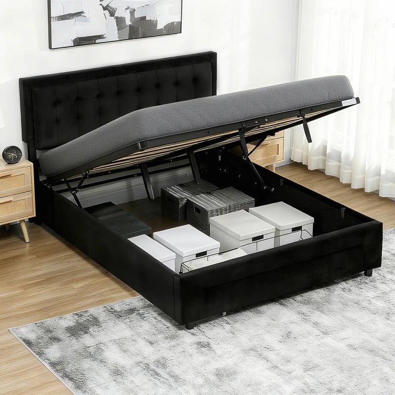 Stylish King Size Black Ottoman Bed Frame with Front Drawer - Space-Saving Storage Solution for Modern Bedrooms