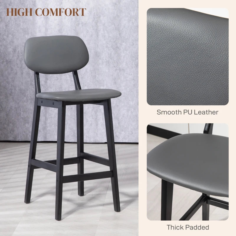 Set of 2 Dark Grey Bar Stools - PU Leather Kitchen Chairs with Backs & Footrests, Solid Wood Legs
