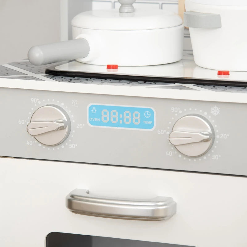 Kids Wooden Toy Kitchen Playset with Sound & Light, Battery Operated Cooktop & Ice Machine, Marble Countertop, Ages 3-6