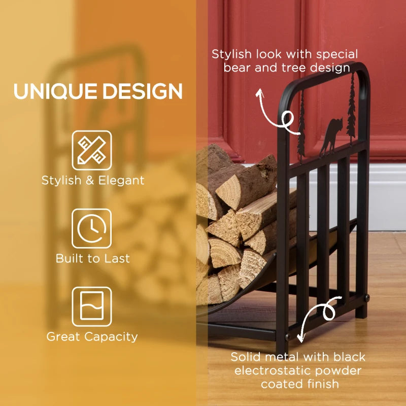 Bear-Shaped Metal Firewood Log Holder Rack - Indoor/Outdoor Fireplace Wood Storage, Rust-Resistant, 42W x 33.5D x 43H cm