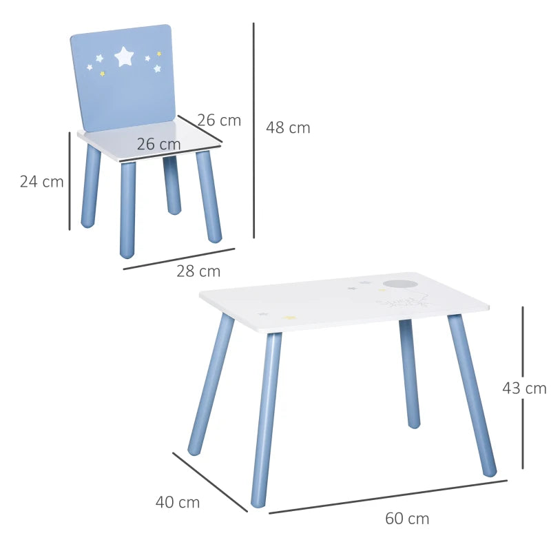3 Pcs Kids Table & Chairs Set - Safe Corners, Wood Legs, Cute Stars - Mini Furniture for Playroom & Bedroom - Blue