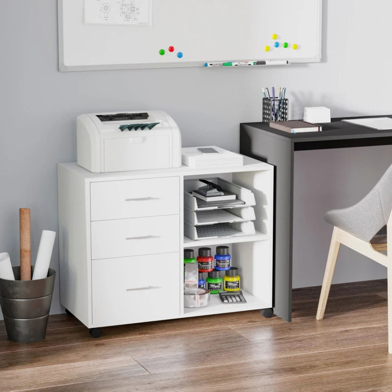 Modern Freestanding Printer Stand with Wheels - Office Desk Storage Unit, 3 Drawers & 2 Open Shelves, White, 80x40x65 cm