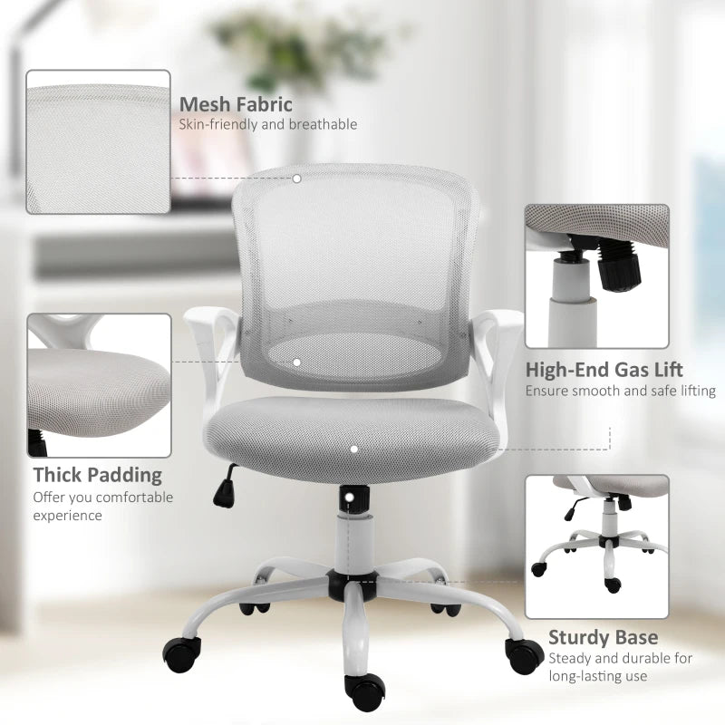 Vinsetto Home Office Chair & Computer Desk Set - Mesh Swivel Chair & High Gloss White Grey Study Desk with Storage