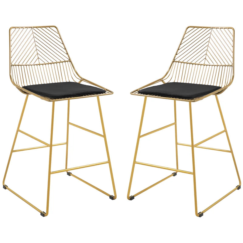 Set of 2 Modern Gold Bar Stools - Counter Height Breakfast Chairs with Wire Metal Frame for Kitchen & Dining Room