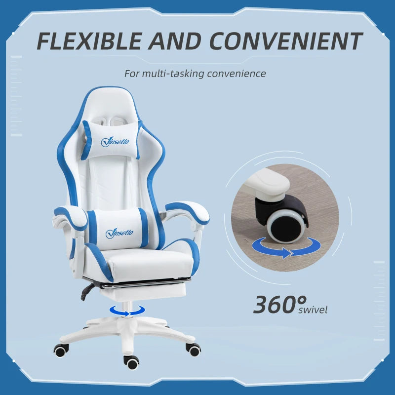 Vinsetto White and Blue Gaming Chair - PU Leather Office Desk Chair with Footrest, 135° Recline, Lumbar Support & Headrest