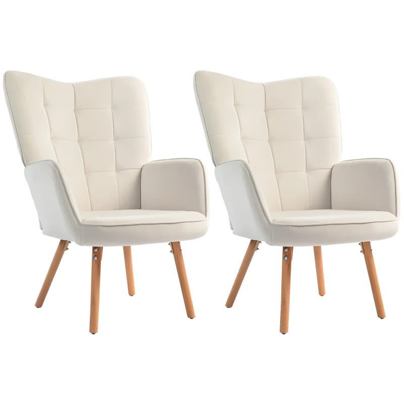 Modern Velvet Accent Chair Set of 2 - Tufted Wingback Armchairs, Cream White Upholstered Lounge Chairs with Wood Legs