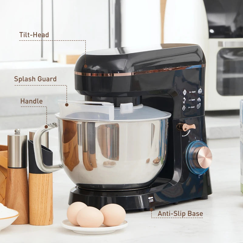 5L Stand Mixer for Baking - 1400W Electric Kitchen Mixer with 6 Speeds, Dough Hook, Whisk & Stainless Steel Bowl - Black