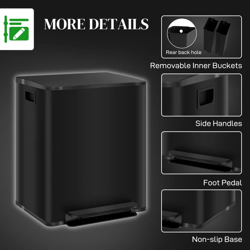 50L Dual Compartment Stainless Steel Bin with Deodoriser Holders - Stylish Black Trash Can for Home & Kitchen