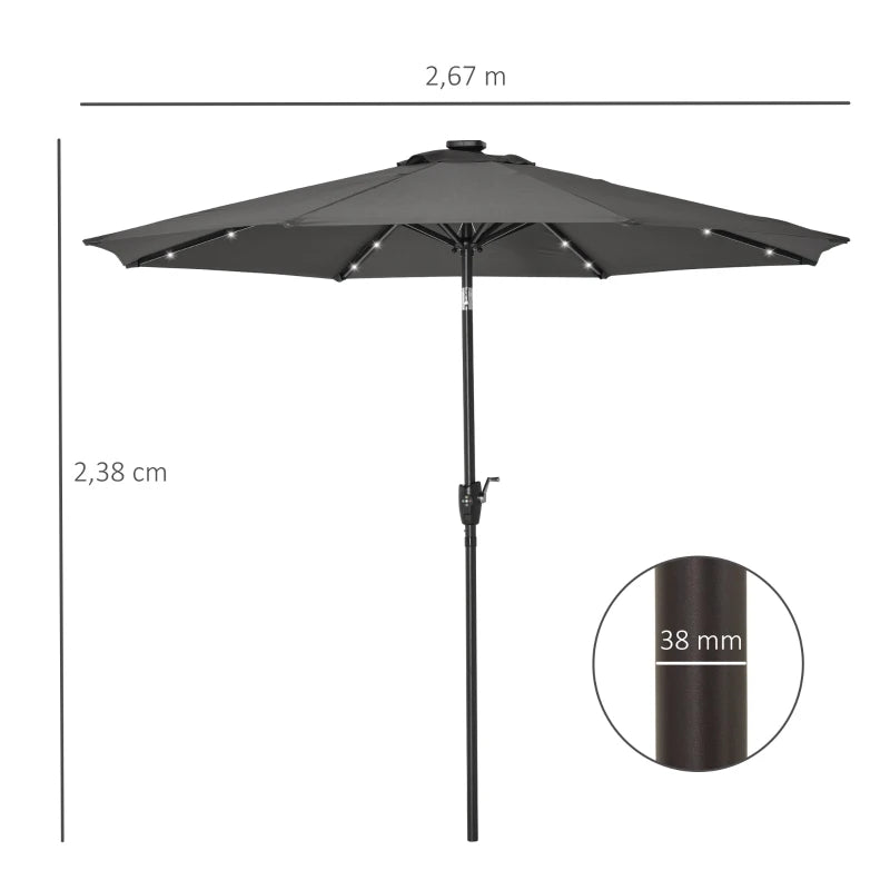 Grey Solar LED Light Patio Umbrella with Hand Crank