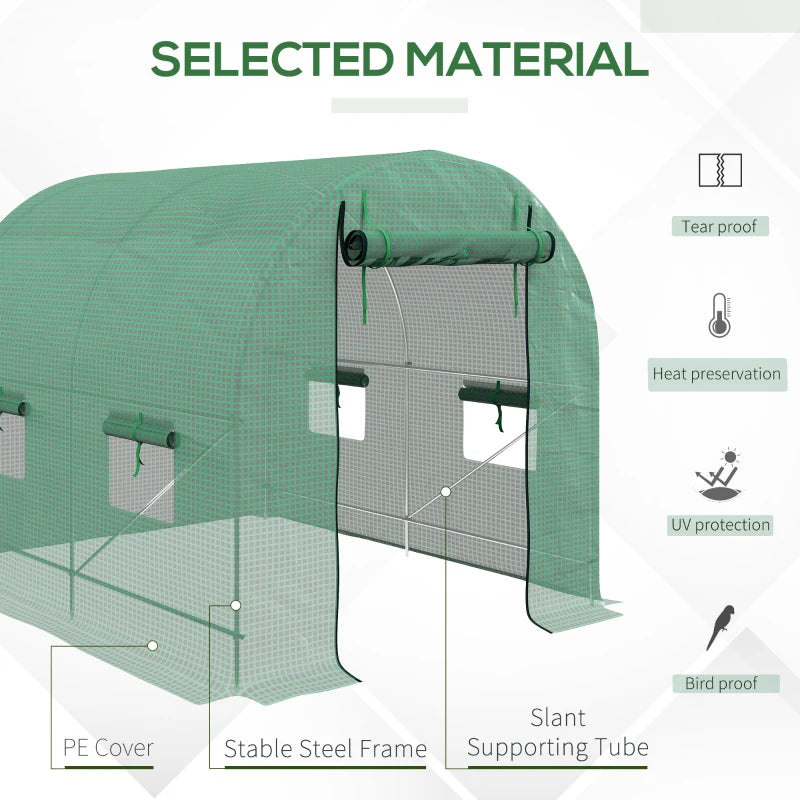 Green Walk-In Garden Greenhouse with Steel Frame, PE Cover, Roll-Up Door, 4 Windows - 2.5 x 2m