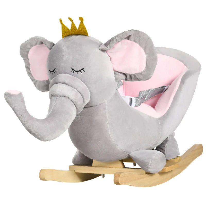 Kids Elephant Rocking Horse with Safety Belt - Wooden Base, Grey - Perfect for Ages 18-36 Months