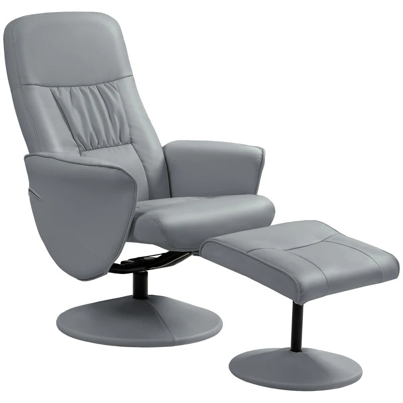 Light Grey Swivel Recliner Chair with Footstool – PU Leather Armchair and Ottoman for Living Room Comfort