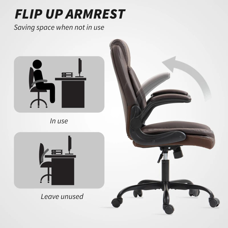 Stylish Brown Faux Leather Office Chair with Flip-Up Armrests - Ergonomic Design for Comfort and Productivity