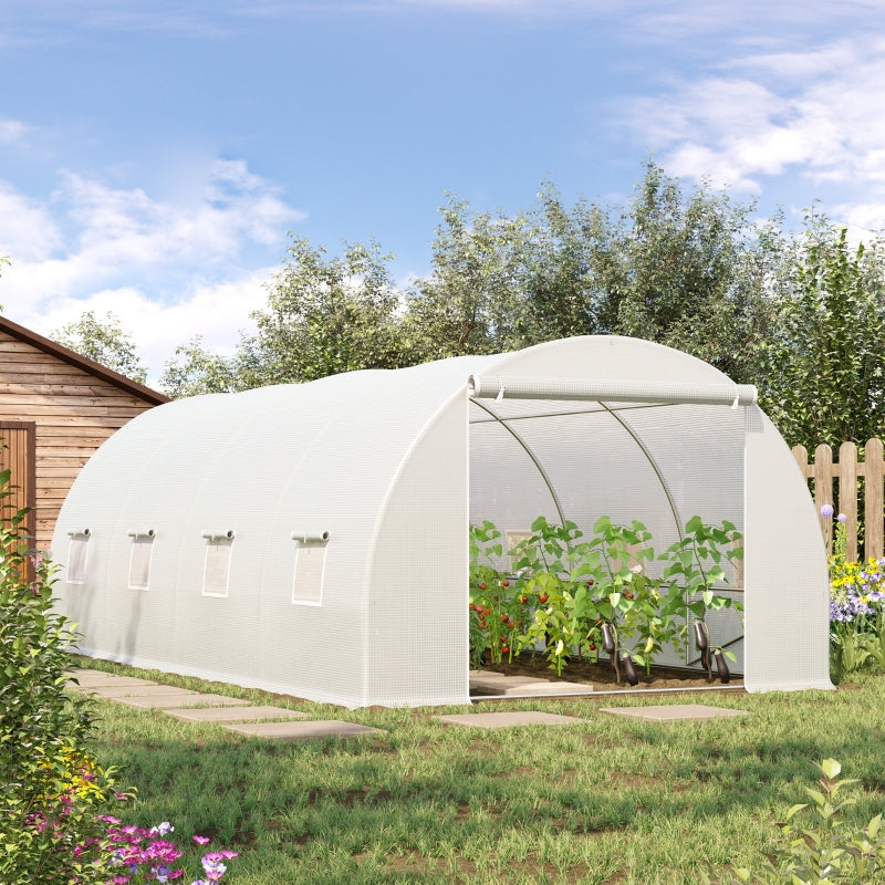 Green Walk-In Polytunnel Greenhouse, Metal Frame, Zippered Door, 8 Windows - White