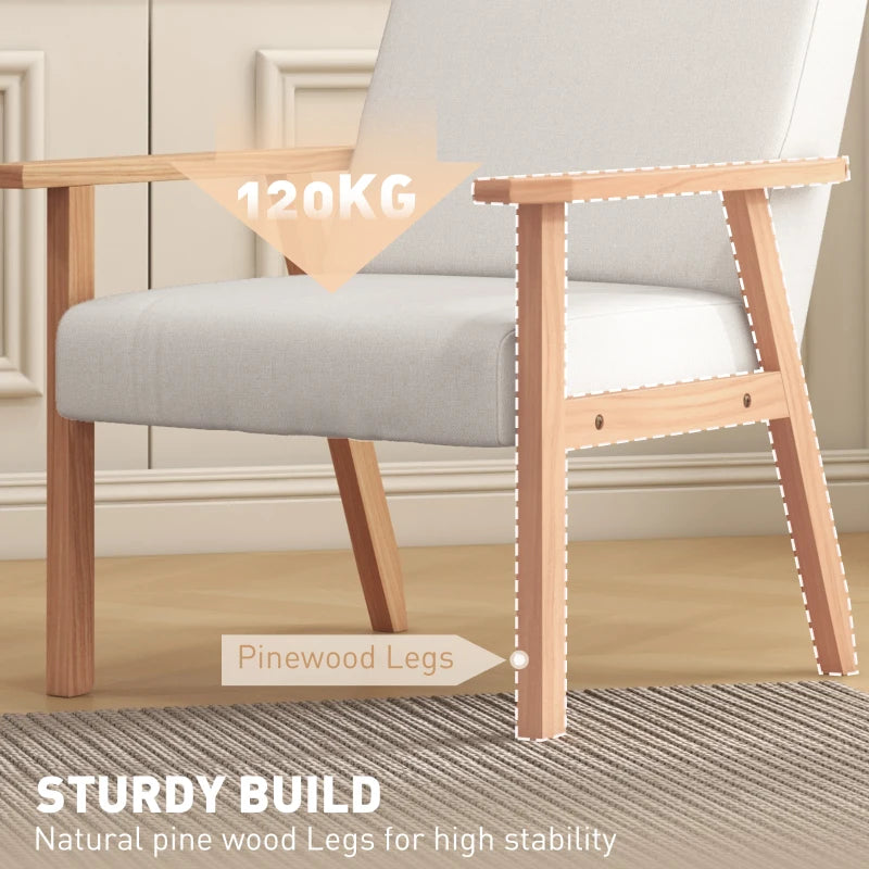 Stylish Cream White Accent Chair with Thick Linen Cushions and Wooden Frame for Home and Office
