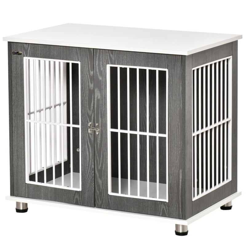 Wooden Dog Crate End Table Kennel with Lockable Door for Small & Medium Dogs - Grey & White, 85x55x75 cm