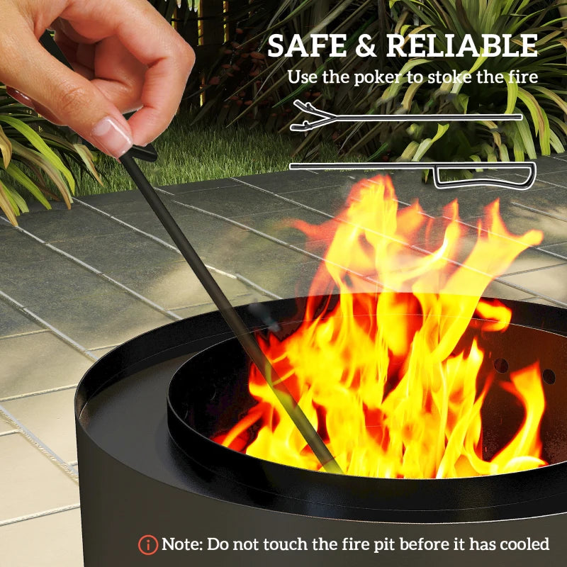 Black Metal Wood-Burning Fire Pit with Poker - Outdoor Patio Fire Bowl