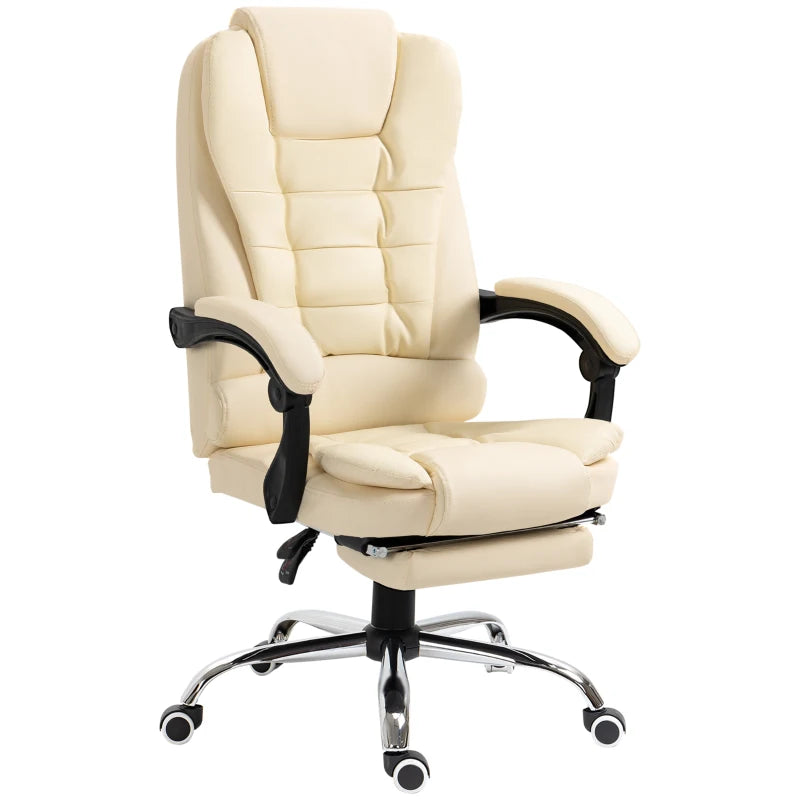 Executive Office Chair - Cream White Home Office Chair with Swivel Wheels, Reclining Backrest & Retractable Footrest