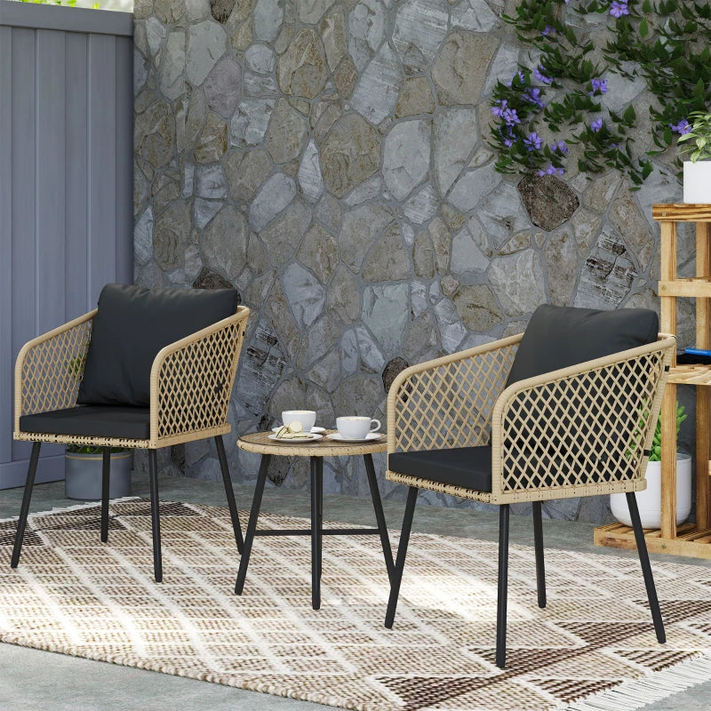 3 Piece Rattan Bistro Set with 2 Chairs, Glass Table, Cushions, Adjustable Feet, Wood Finish