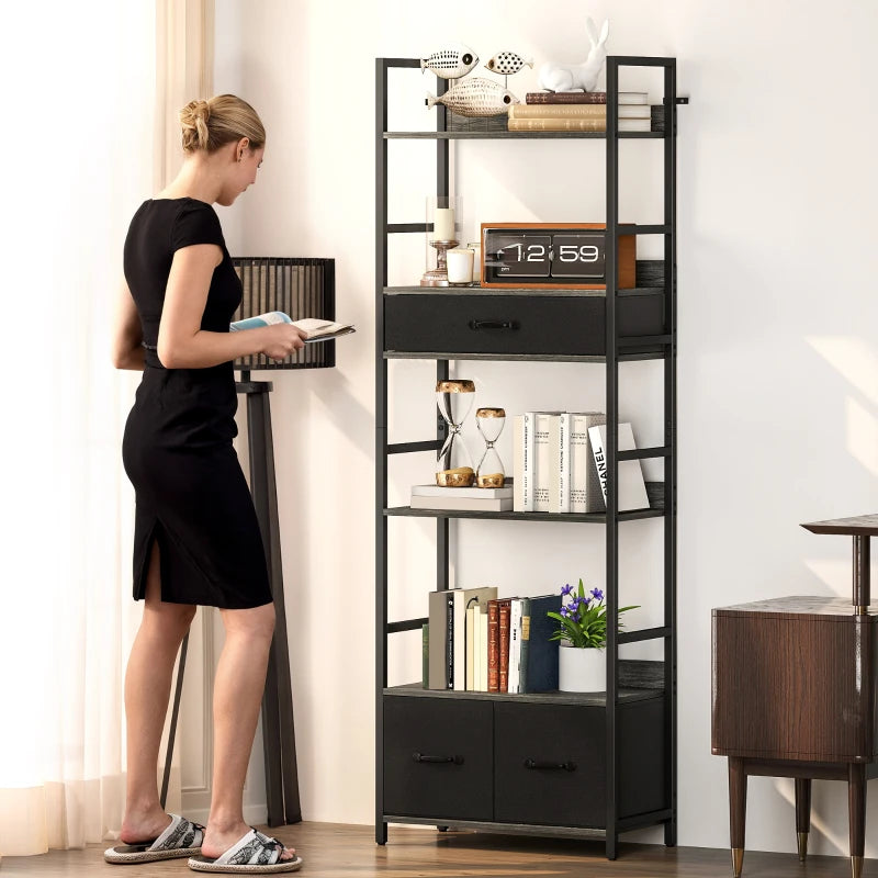 Industrial Style Bookcase with 4 Shelves & 3 Fabric Drawers - Modern Grey/Black Storage Solution for Home or Office