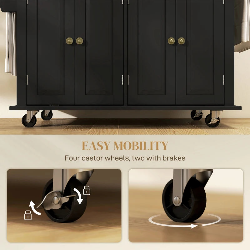 Rolling Kitchen Island Storage Trolley with Rubber Wood Top & Drawers - Stylish Black Dining Room Cart