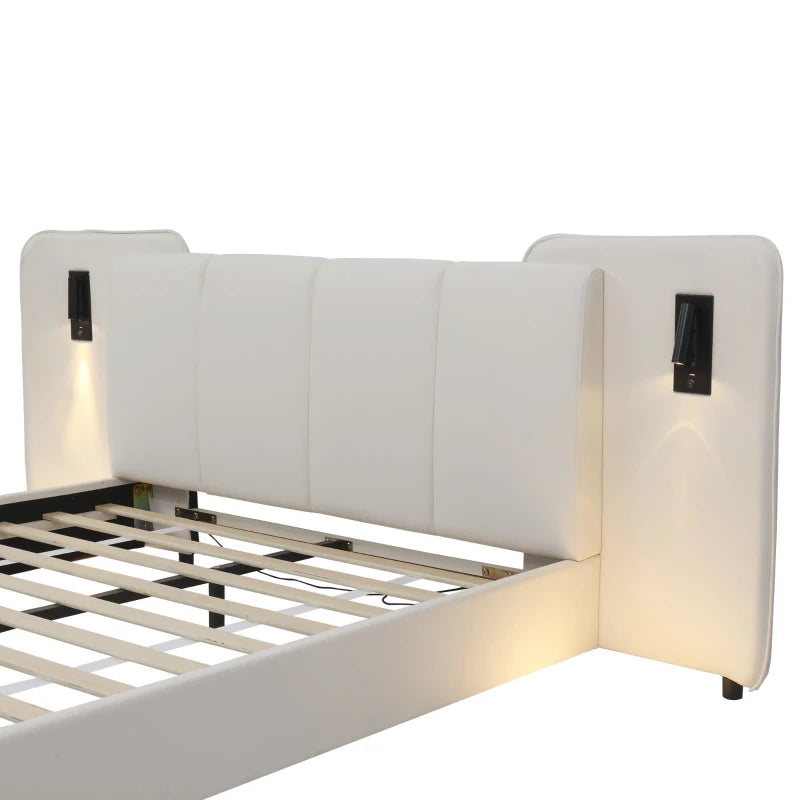 Upholstered Double Bed with Charging Port & Lighting, Impact-Resistant Headboard, 209x221x86.5 cm, Beige - Modern Bedroom Furniture