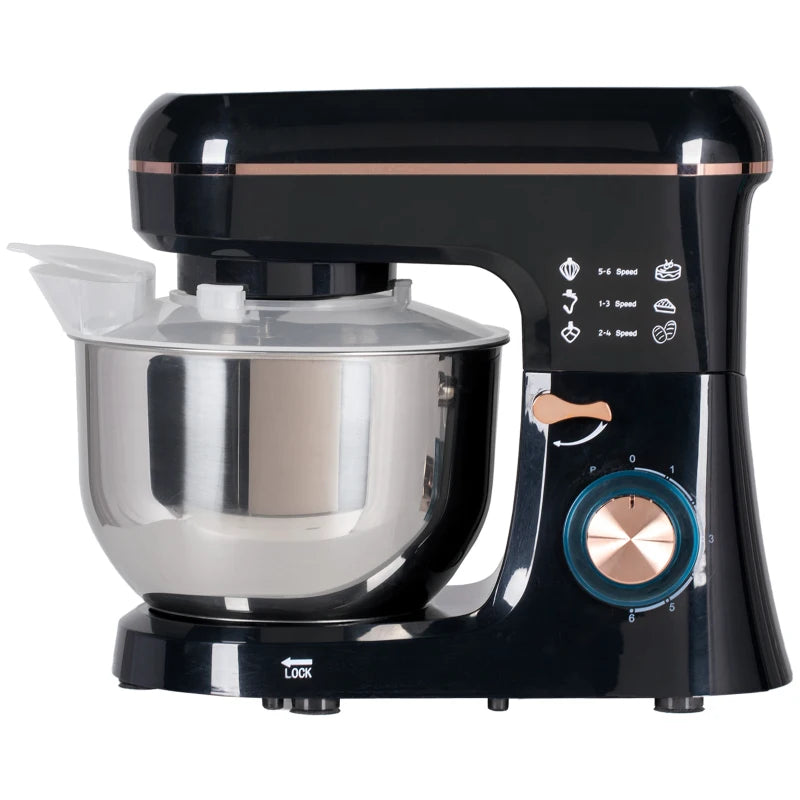 5L Stand Mixer for Baking - 1400W Electric Kitchen Mixer with 6 Speeds, Dough Hook, Whisk & Stainless Steel Bowl - Black