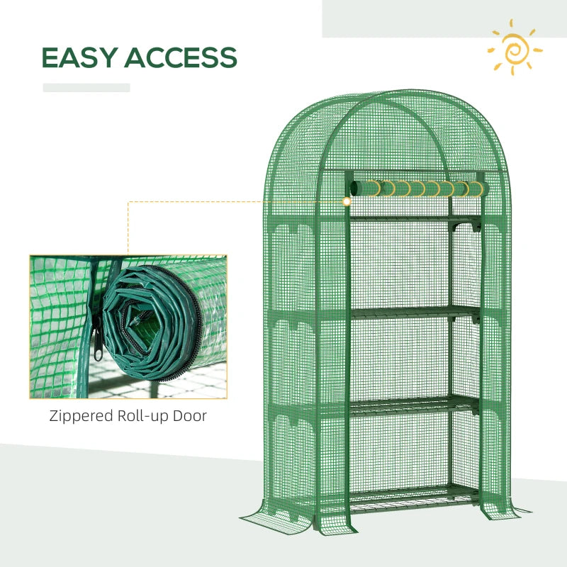 Portable Green Plant Greenhouse with Storage Shelf, Metal Frame, and Zippered Door - Green