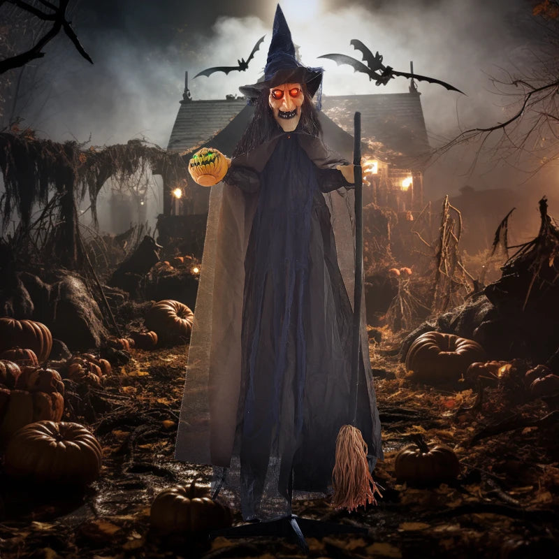 6'2" Halloween Witch Animatronic with Broomstick & Glowing Eyes - Spooky Outdoor Decoration for Haunted House
