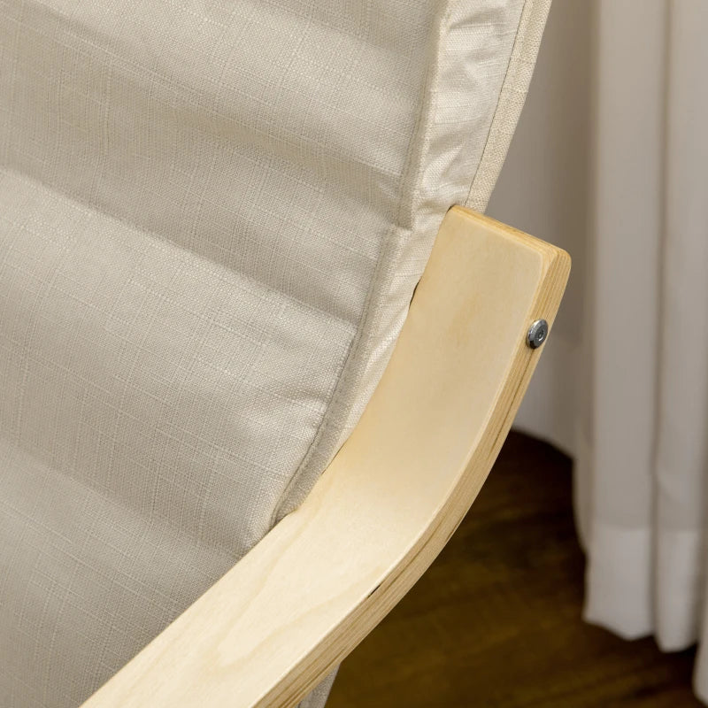 Cream White Wooden Reclining Lounge Chair with Adjustable Footrest and Removable Cushion for Deck Relaxation