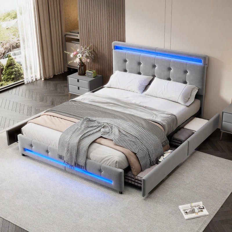 Velvet Upholstered Double Bed with Storage & LED Lights - Soft Backrest, 4 Drawers, Gray - 198x140x98 cm