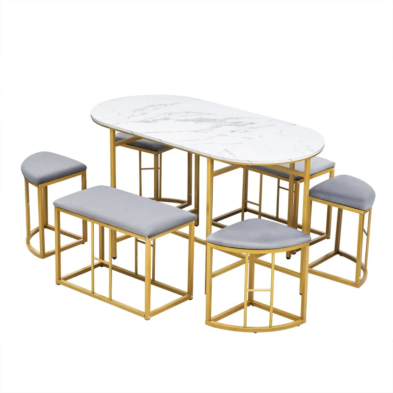 Modern Gold Dining Table Set with 4 Small & 2 Large Stools, Steel Frame, 140x70x76 cm, 120 kg Capacity