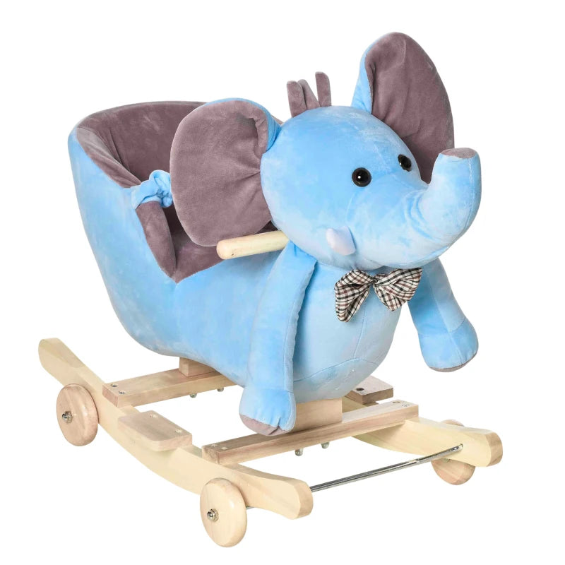 2-in-1 Plush Baby Rocking Horse Elephant with Wheels - Wooden Toy for Kids, 32 Songs, Ages 18+ Months (Blue)