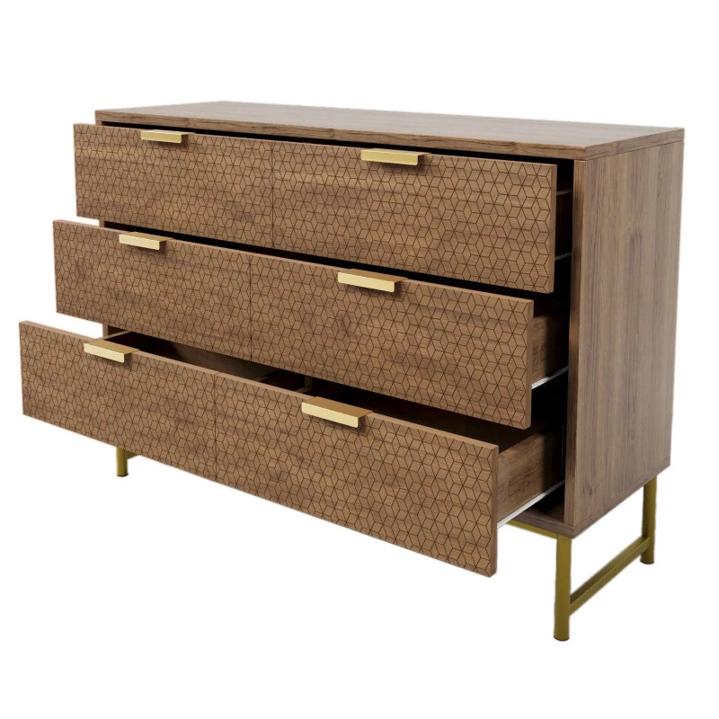 Embossed Wood Chest of Drawers - 6-Drawer Sideboard, Anti-Tip Design, Walnut Finish, 120x40x75 cm for Living Room