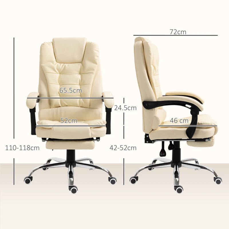 Executive Office Chair - Cream White Home Office Chair with Swivel Wheels, Reclining Backrest & Retractable Footrest