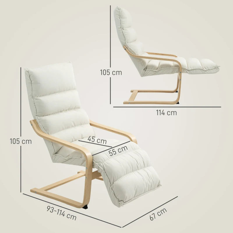 Curved Wooden Accent Chair with Adjustable Footrest - Stylish Cream White Design for Living Room & Home Decor