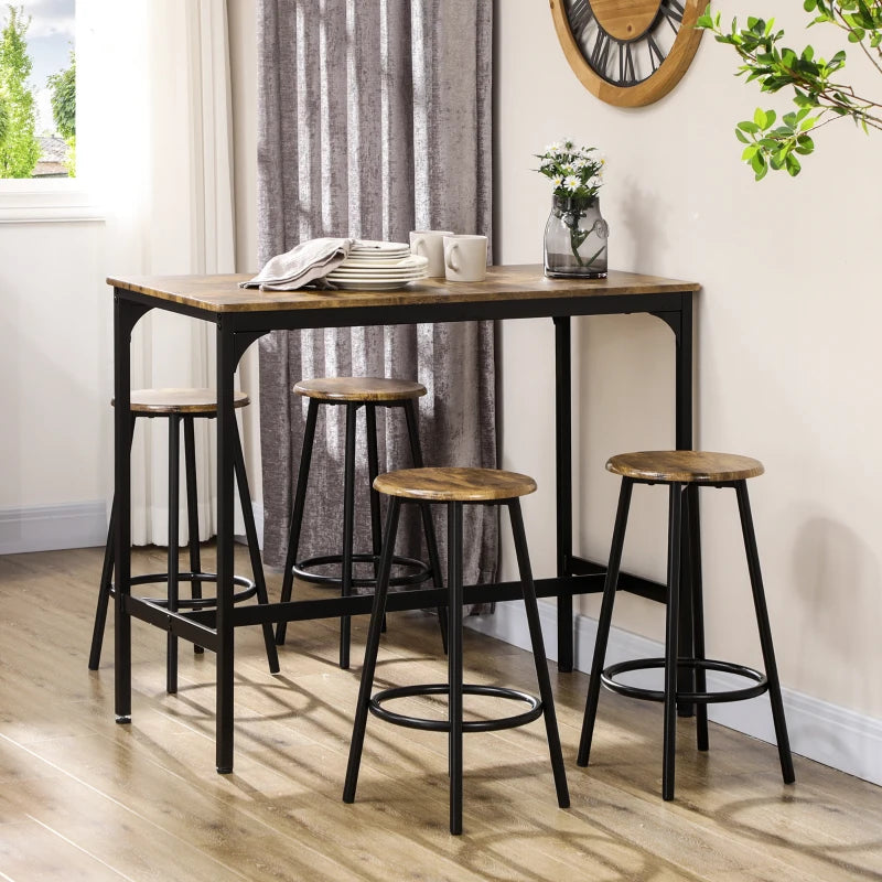 Five Piece Industrial Style Bar Table Set in Brown and Black for Modern Dining Spaces
