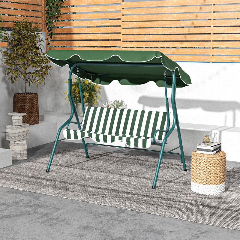 Green Striped 3-Seater Outdoor Swing Bench with Adjustable Canopy